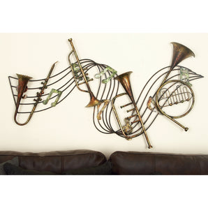 Brown Metal Musical Notes Wall Decor with Trumpets