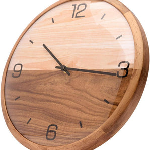 Analog Dome Glass Wall Clock (10") - Pine Wood Frame with Two-Tone Wooden Face - Battery Operated with Silent Movement - Large Decorative Clocks for Classroom, Office, Living Room, or Bedrooms.