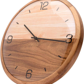 Analog Dome Glass Wall Clock (10") - Pine Wood Frame with Two-Tone Wooden Face - Battery Operated with Silent Movement - Large Decorative Clocks for Classroom, Office, Living Room, or Bedrooms.