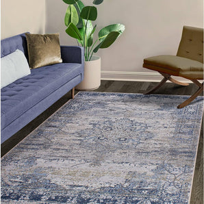 Machine Washable Area Rug, Rugs for Living Room, Rugs for Bedroom, Bathroom Rug, Kitchen Rug, Printed Vintage Rug, Home Decor Traditional Carpet (Blue/Cream, 2' X 3')