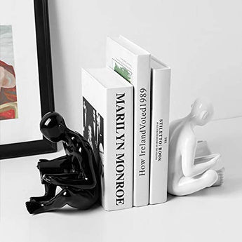 Ceramic Reading Bookend 1 Pair, Decorative Figurine Accent Piece for Home,Office,Table and Desk Decor (White and Black)