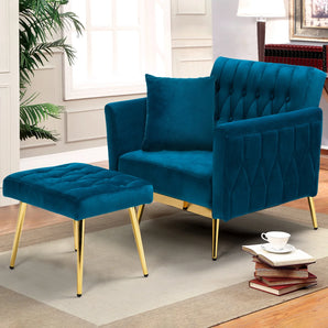 Velvet Accent Chair with Adjustable Armrests and Backrest, with Ottoman, Teal