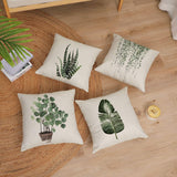 Set of 4 Linen Green Plants Decorative Throw Pillow Covers 16X16 Inch 