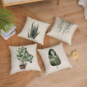 Set of 4 Linen Green Plants Decorative Throw Pillow Covers 16X16 Inch 