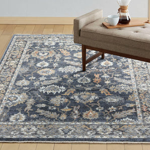 Luna Lily Modern Farmhouse Ornate Medallion Border Area Rug, Navy/Grey/Yellow, 7'10"X10'2"