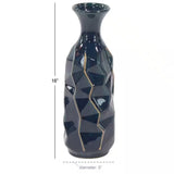 15 in. Blue Faceted Ceramic Decorative Vase with Gold Accents