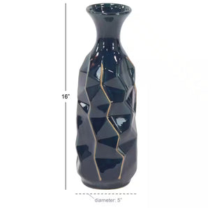 15 in. Blue Faceted Ceramic Decorative Vase with Gold Accents