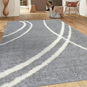 Cozy Contemporary Stripe Perfect for Living Room,Bedroom,Home Office Non-Shedding Plush Shag Area Rug 7'10" X 10' Gray-White