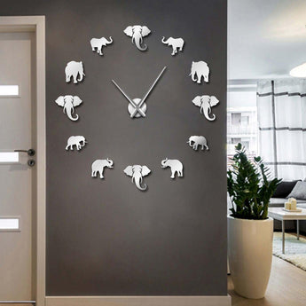 Jungle Animals Elephant DIY Large Wall Clock Home Decor Modern Design Mirror Effect Giant Frameless Elephants DIY Clock Wall Watch (Silver)