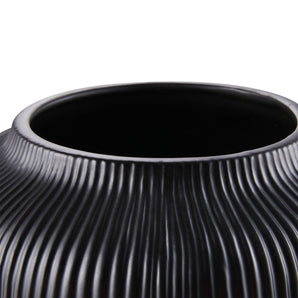 7" Black Textured Stripe Round Stoneware Vase