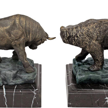 the Bull and Bear of Wall Street Sculptures, 8 Inch, Bronze Verdigris Finish