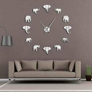 Jungle Animals Elephant DIY Large Wall Clock Home Decor Modern Design Mirror Effect Giant Frameless Elephants DIY Clock Wall Watch (Silver)