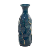 15 in. Blue Faceted Ceramic Decorative Vase with Gold Accents