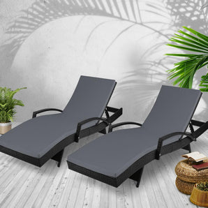 Twin Pack - Outdoor Sun Lounge Chairs with Cushions (Black)-0